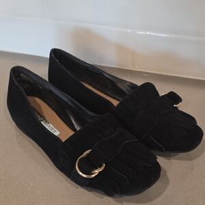 Audrey Brooke Black Loafers with Gold Buckle